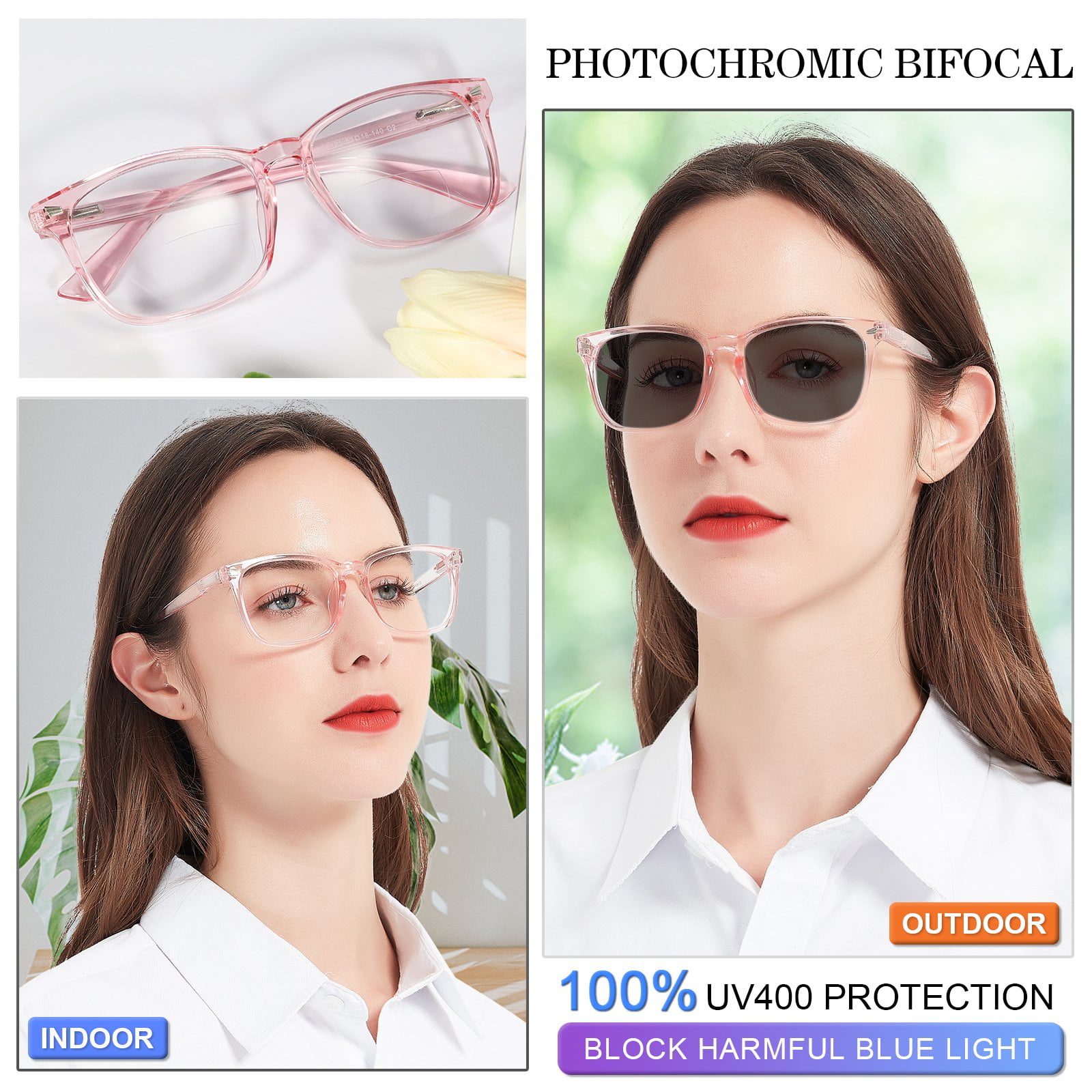 MARE AZZURO Photochromic Bifocal Reading Glasses Women Blue Light Blocking Square Readers Sunglasses 1.0 1.5 2.0 2.5 3.0 3.5 4.0 (Pink, 1.50)