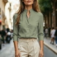 thumbnail image 7 of VBVC Women's Linen Stand Collar V Neck Blouse, Ladies' Long Sleeve Work Shirt, Elegant Office Top For Women, Green , S-2XL, 7 of 7