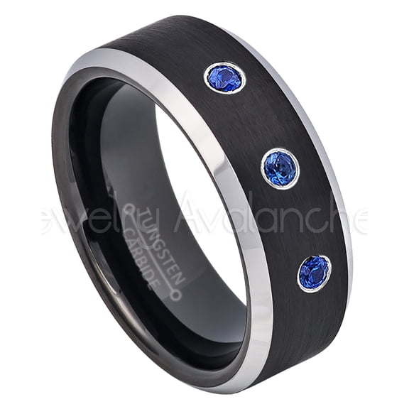 2-Tone Black Tungsten Wedding Band - 0.21ctw Blue Sapphire 3-stone Band - Personalized Tungsten Wedding Ring - Custom Made September Birthstone Ring TN667BS