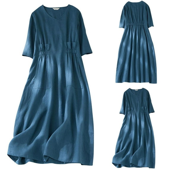 Kmdttou Women's Short Sleeve Loose Plain Dresses Women's Summer And Linen Solid Color Literary Leisure V-neck Pleated Large Dress