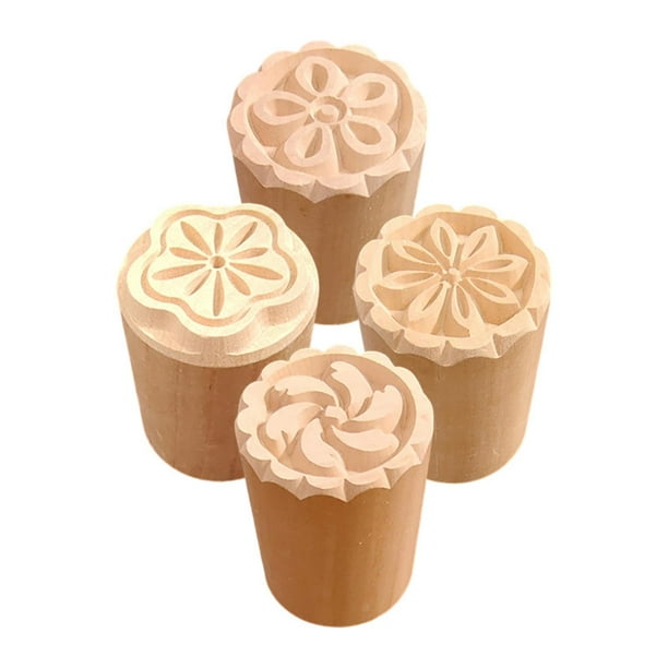 Juego de 4 sellos de madera para cerámica, sellos de arcilla, 3,5 cm de diámetro, sello de bloque de madera redondo con patrón floral para pasteles y