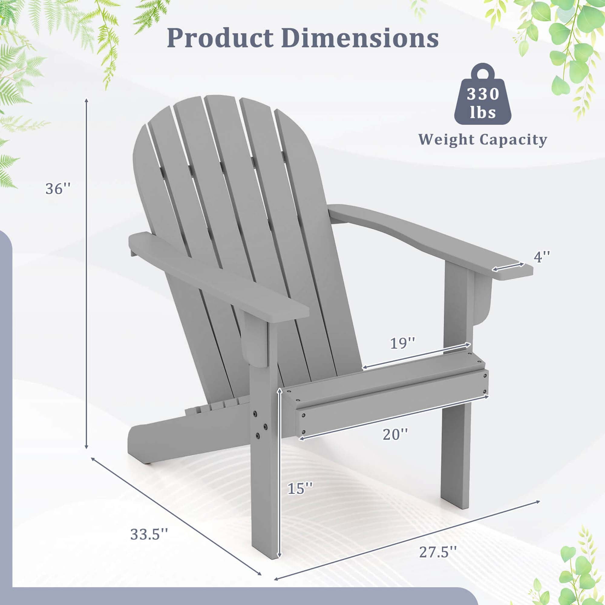 Costway Patio Adirondack Chair with Inclined Seat High Backrest & Wide Armrests Gray