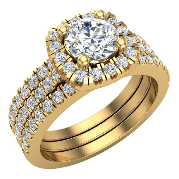 Round Cut Diamond Cushion Halo Engagement Ring With Wedding Band 1.65 Carat Total Weight 14K Gold