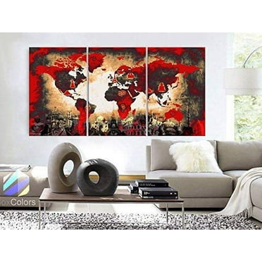 Original by BoxColors Large 30"x 60" 3 Panels 30x20 Ea Art Canvas Print Original Wonders of the world Old Paper Map Red Yellow Wall decor Home interior (framed 1.5" depth)