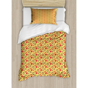 Retro Duvet Cover Set Twin Size, Illustration of Ornamental Intricate Circles and Hearts, Decorative 2 Piece Bedding Set with 1 Pillow Sham, Mustard Dark Coral, by Ambesonne