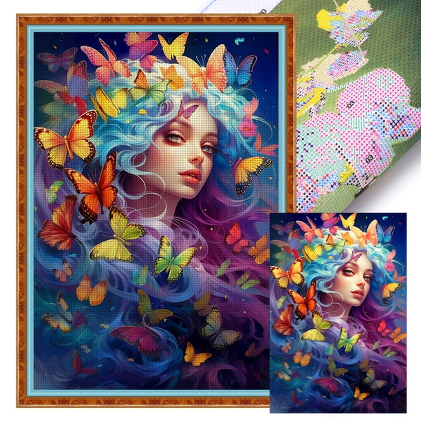 Kit Punto Cruz Con Mariposa Y Niña Hilo Algodón Bordado 11CT 50x70cm