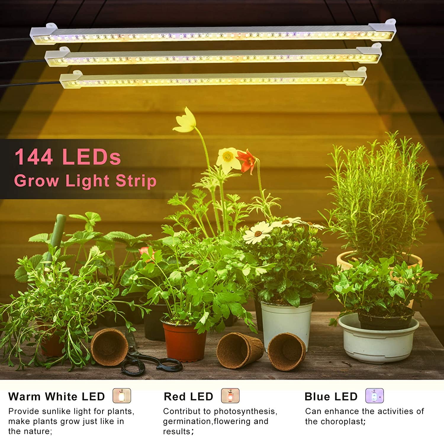 3PCS 36W LED Auto ON/OFF Sunlike Dimmable Grow Light Strip Plant Full Spectrum 