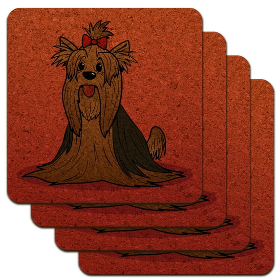 Yorkshire Terrier Yorkie with Bow Low Profile Novelty Cork Coaster Set