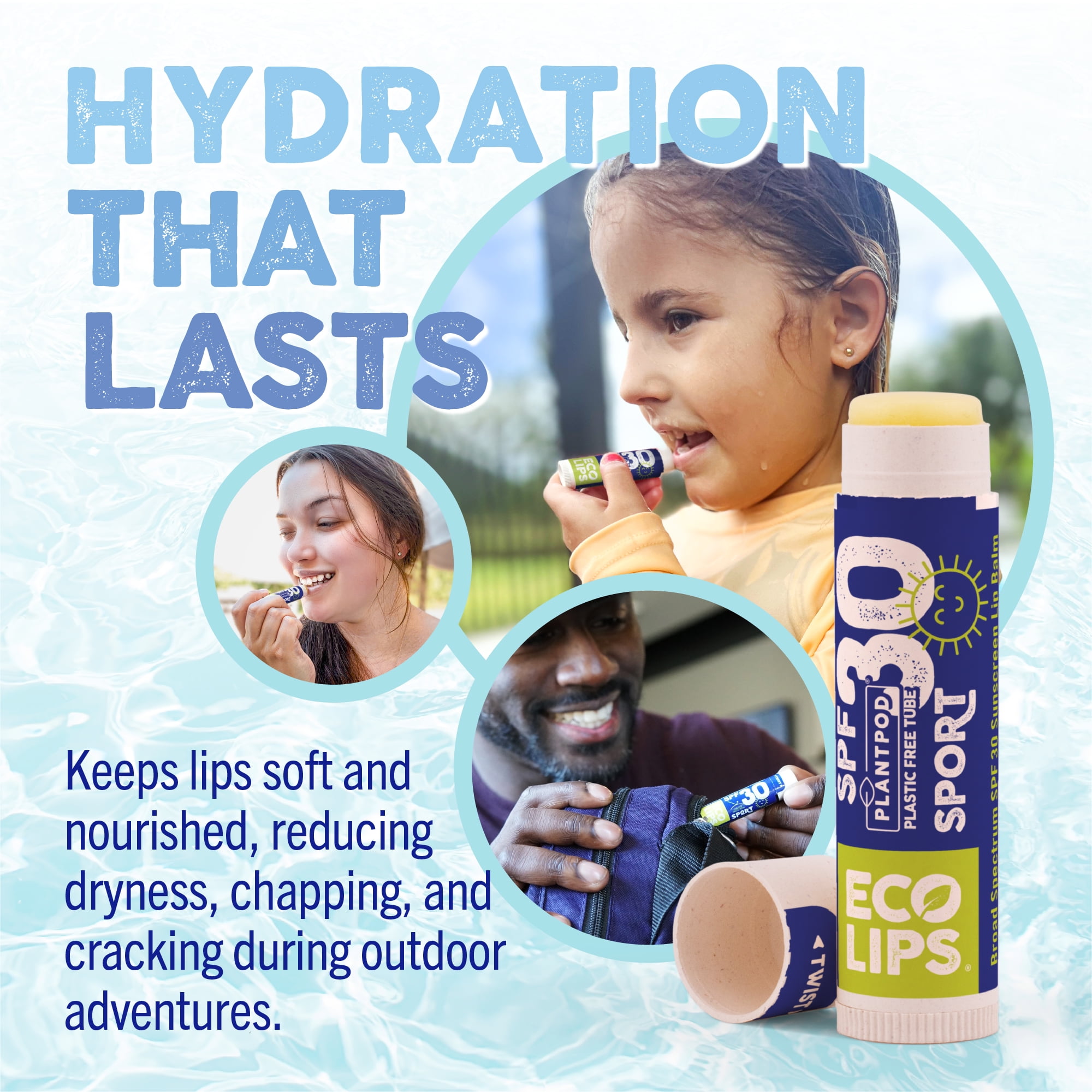 Eco Lips Classic Plant Pod Sport Broad Spectrum SPF 30 Sunscreen Lip Balm, 6 Pack
