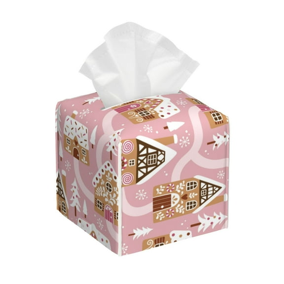 Logiee Tissue Box Cover 5X5X5'' PU Leather Tissue Holder Square Tissue Cube Box Organizer for Bathroom Vanity Countertop,Car,Night Stands,Office,Home,Kitchen (Gingerbread Houses Pink Wonderland)