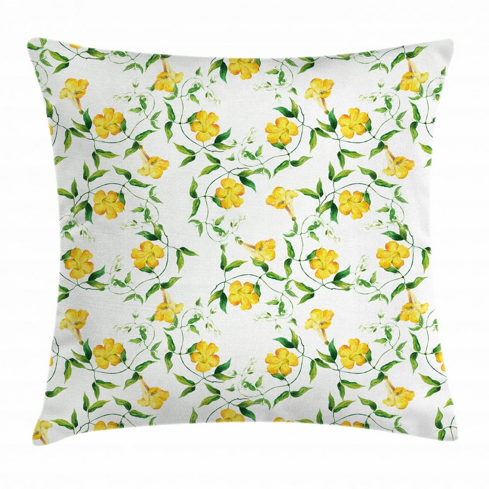 Yellow Flower Throw Pillow Cushion Cover, Romantic Botanical Theme Bindweed Florets Shabby