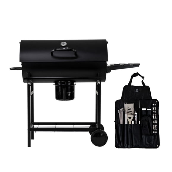 Combo Asador de carbón Tipo Tambor y Set de utensilios para asador de 28 piezas con Mandil, AVERA, ACB02ADA28