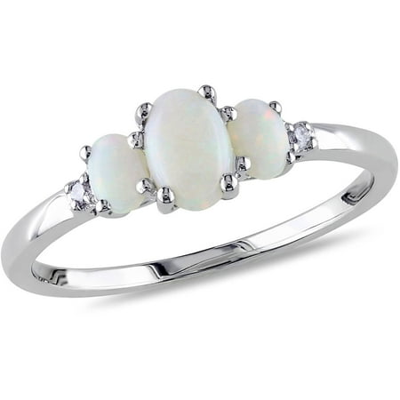 Miabella 2/5 Carat T.G.W. Opal and Diamond-Accent 10kt White Gold Three Stone Ring