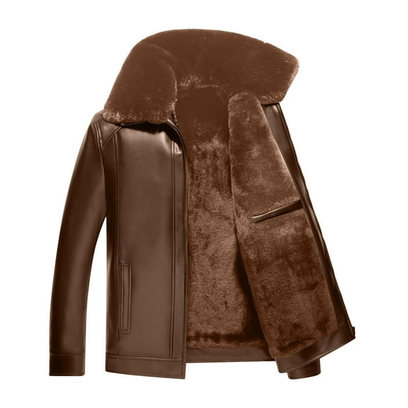 YLSDY Fashion Men's Sherpa Lined Leather Jacket Motorcycle Biker Trucker Lapel Collar Winter Warm Coats with Pockets Brown XXL