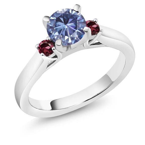 Gem Stone King 925 Sterling Silver Persian Blue Moissanite and Red Rhodolite Garnet 3-Stone Engagement Ring for Women (0.98 Cttw, Round 6MM, Gemstone Birthstone, Size 6)