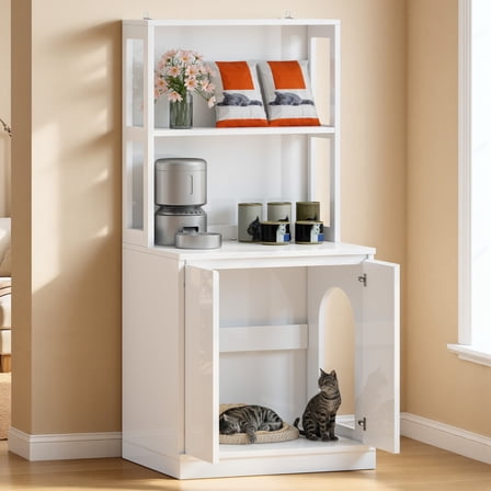 Uforic Hidden Litter Box Cabinet with Power Hub – 70.9" Tall High-Gloss White Cat Enclosure for Self-Cleaning Litter Boxes, Storage Tower & Dual Cat Access