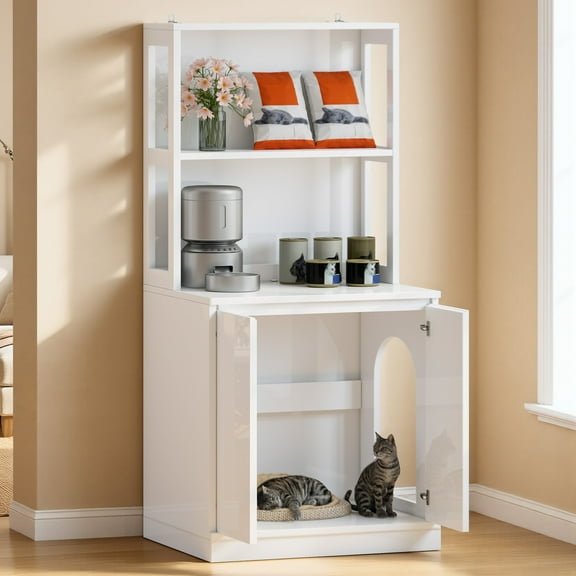 Uforic Hidden Litter Box Cabinet with Power Hub – 70.9" Tall High-Gloss White Cat Enclosure for Self-Cleaning Litter Boxes, Storage Tower & Dual Cat Access