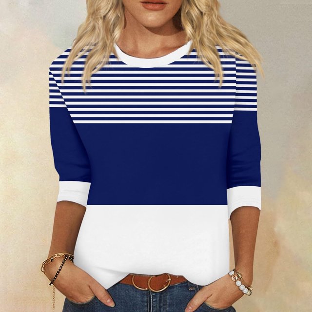 Mefallenssiah Blouses pour Femmes 2024 Mode Blouses Lâches Femmes Imprimé 3/4 Manches T-Shirt Col Rond top