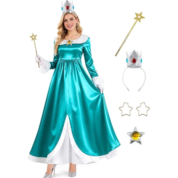 6-Piece Galaxy Princess Cosplay Costume Set for Women, Satin Cosplay Party Gown with Crown, Star Wand & Accessories, Complete Halloween Dress-Up Outfit (Teal )