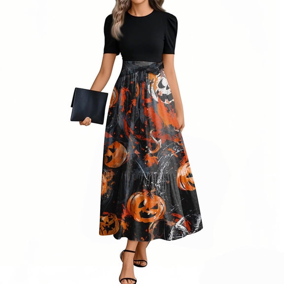 WTOBBY Women's Fashion Casual Belted Short Sleeve Round Neck Halloween Print Elegant Dress with Waist Tie and Vintage Pattern,Black L
