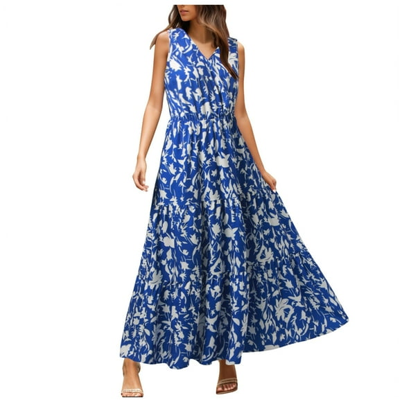 TJAZFJPA Bridal Shower Dress Women's Casual Sleeveless Long Dress Cute Floral Long Dress Wedding Guest Dress Casual Dress White Dresses for Women Fall Maternity Dress