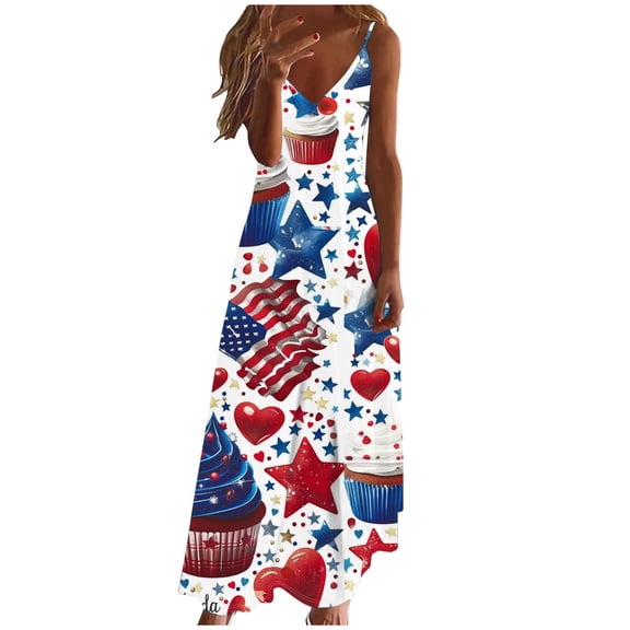 Cmfcve 4th of July Patriotic Dresses Star-Spangled Printed Bohemian Beach Dresses Sleeveless V-neck Summer Flowy Maxi Dress