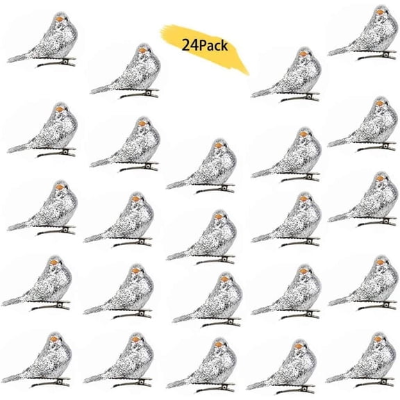 Fymlhomi 24 Pcs Artificial Simulation Foam Bird Glitter Mini Birds Clip On Bird Ornaments Feather Mini Cute Birds DIY Craft for Christmas Tree Wedding Home Garden Decoration(White)