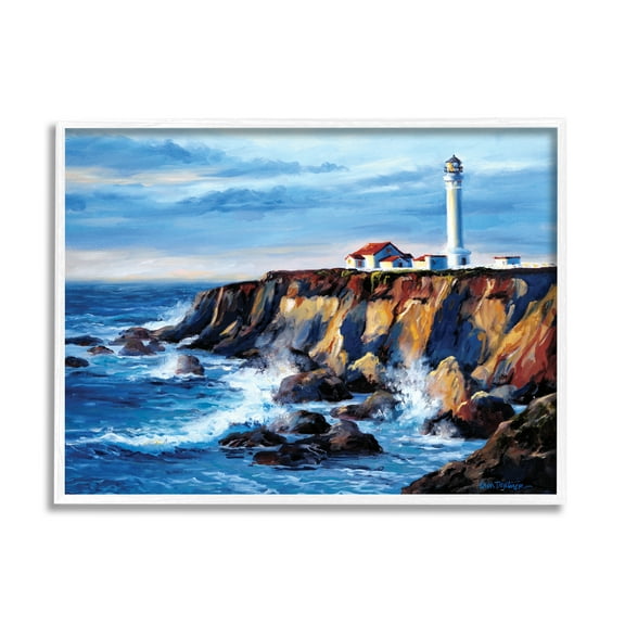 Stupell Industries Lighthouse on Sea Cliff Nature Painting White Framed Art Print Wall Art, 14 x 11