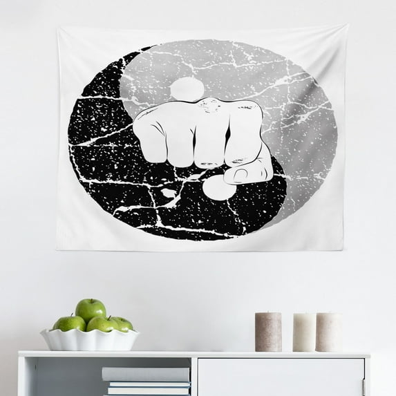 Kung Fu Tapestry, Man Shows Powerful Karate Pose in Costume on Sun Look Round, Fabric Wall Hanging Decor for Bedroom Living Room Dorm, 2 Sizes, Charcoal Grey Vermilion, by Ambesonne