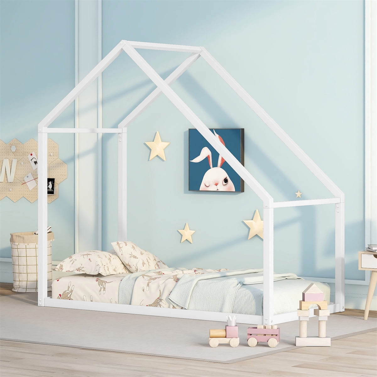 Twin Size House Bed Frame, Metal Bed Frame with Roof for Kids Girls Boys, Floor Height Platform