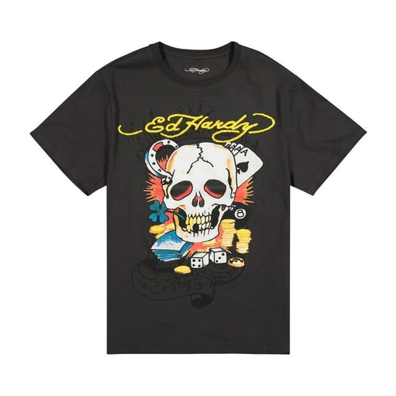 Ed Hardy Men's Ace Skull Throwback Graphic Tee - EHM1100-156 (Charcoal, S)