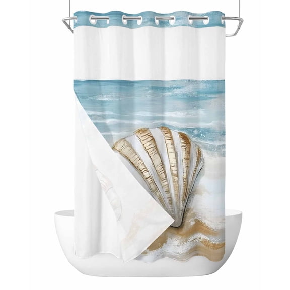 No Hook Shower Curtains with Snap in Liner, Blue Coastal Shell Waterproof Fabric Shower Curtain, Beach Summer Seaside Nautical Double Layers & See-Through Top Window Bathroom Curtains 36''x72''