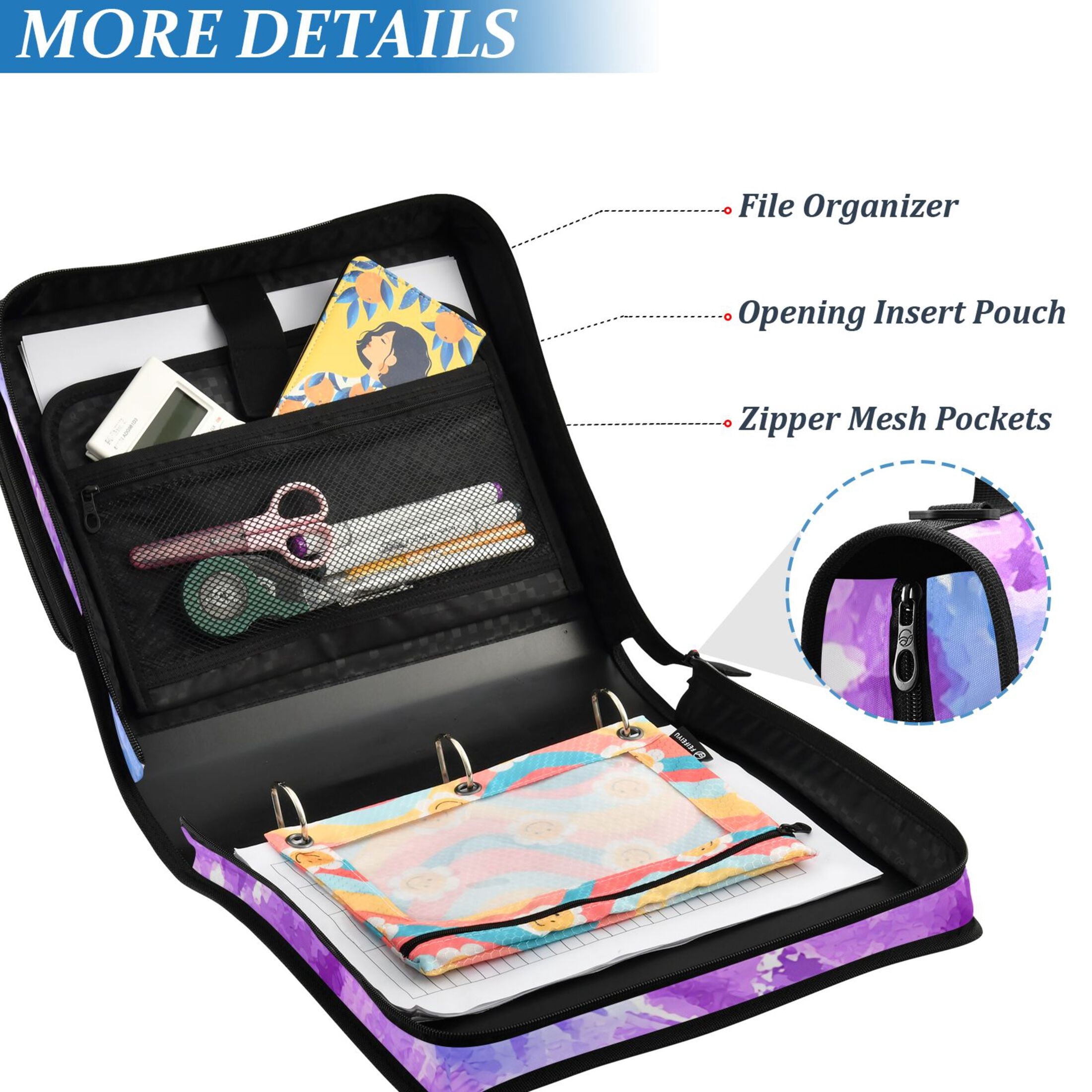 ALAZA Zipper Binder Tie-dye Purple-p2 3 Ring Trapper Keeper File Folder Organizer Bag