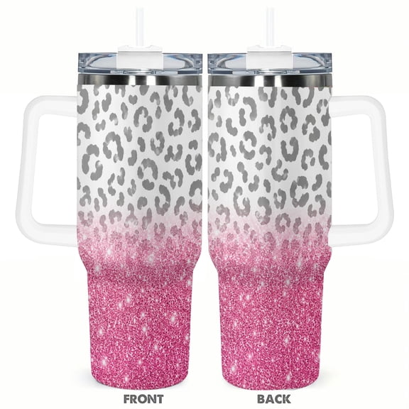 40oz Pink shimmer-inspired printed Leopard Print Insulated Tumbler with Handle Car Cup Travel Coffee Cup Large Capacity Hot Cold Travel Cup Gift for Women