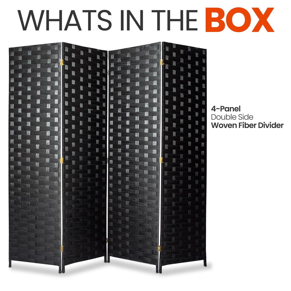 SereneLife 4-Panel Portable Lightweight Freestanding Indoor Foldable Woven Fiber Room Divider, Black