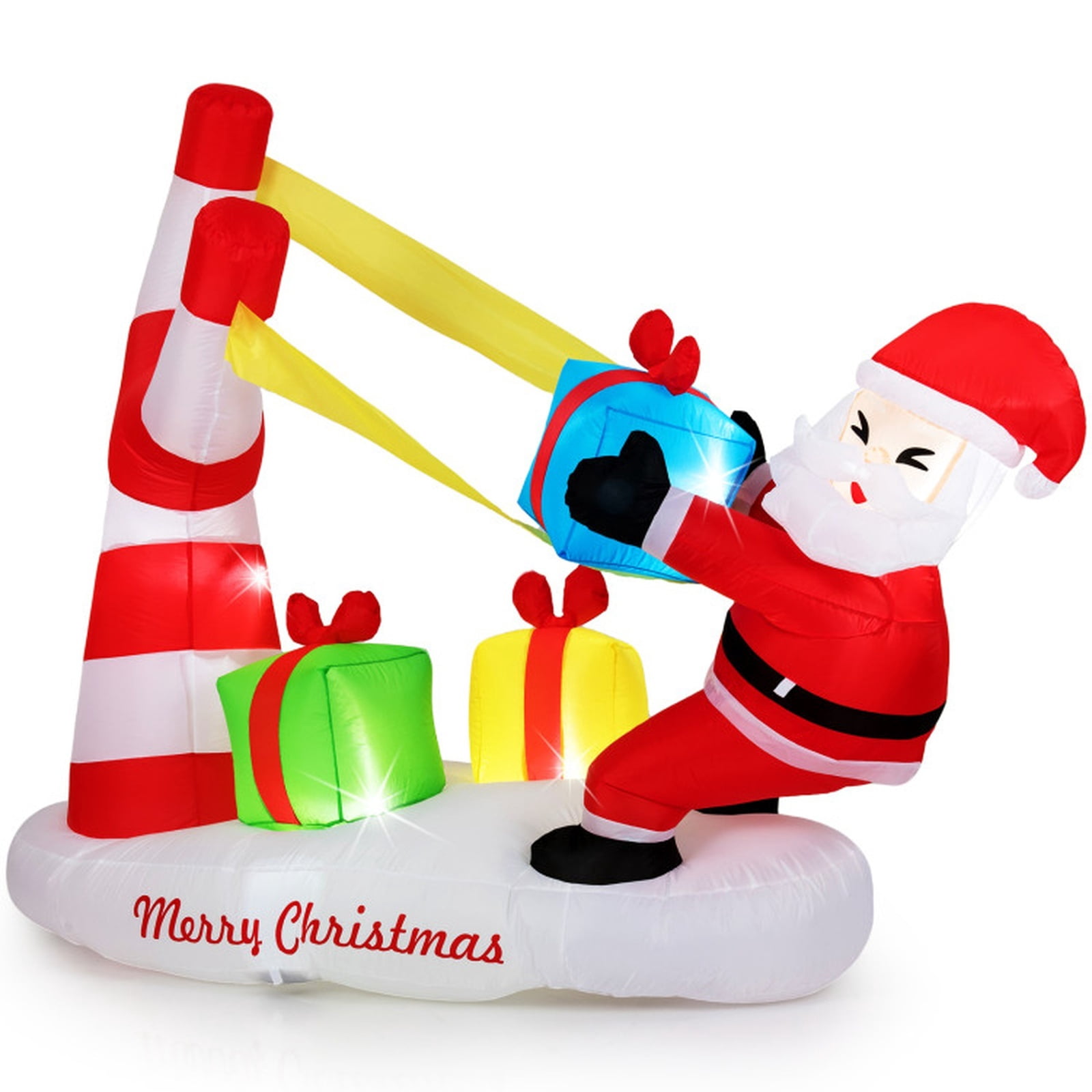 RUIE 7 FT Christmas Inflatables Santa with Slingshot, Blow Up Santa with Gift Boxes and LED Lights, Outdoor Yard Decor for Lawn Garden - Multicolor