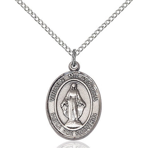 Sterling Silver Virgen Milagrosa Pendant 3/4 x 1/2 inches with 18 inch Sterling Silver Curb Chain