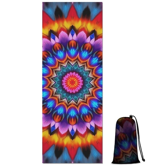 Colorful Tie Dye Peacock Mandala Pattern Hot Yoga Mat Towel Non Slip for Hot Yoga - Quick-Drying Yoga Mat Cover with 4 Corner Pockets with Travel Bag - Hot Yoga Towel Non Slip 70"x26"