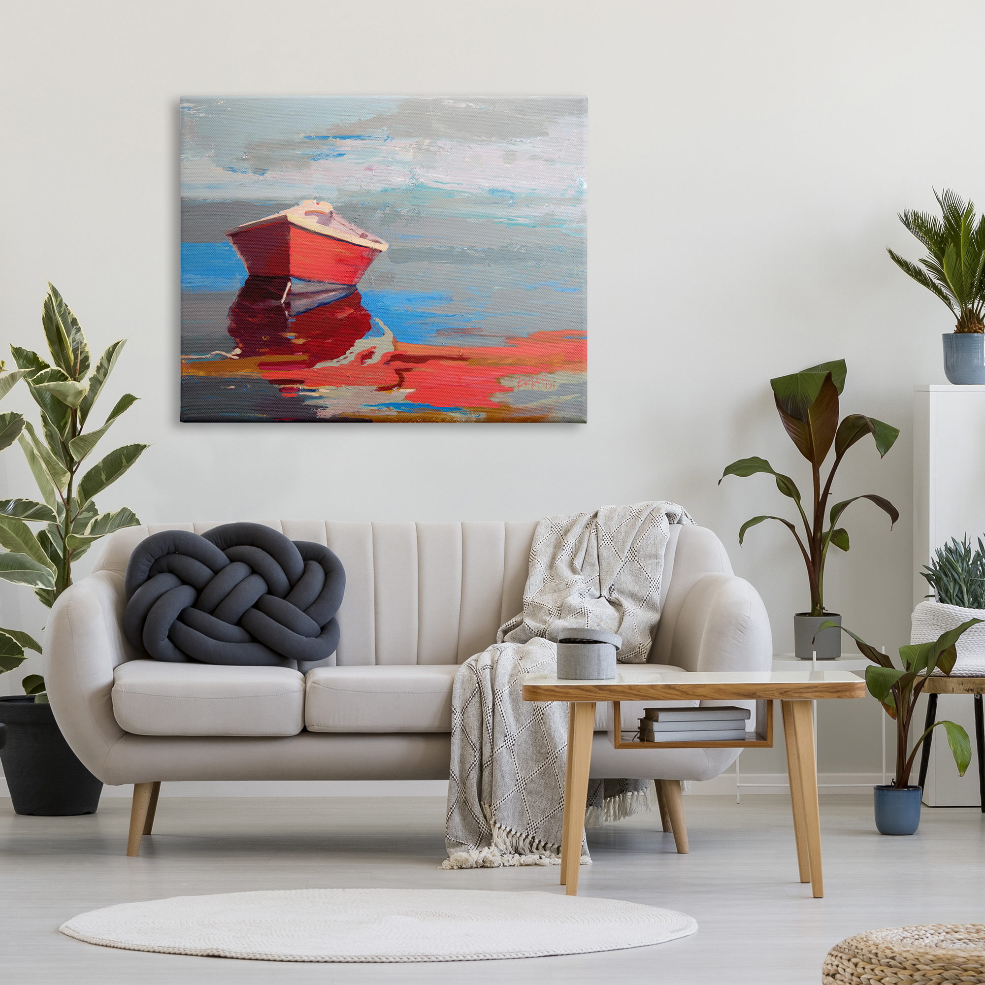 Stupell Industries Red Row Boat Reflection on Lake Water Abstract Abstract Painting Gallery Wrapped Canvas Print Wall Art, 36 x 48