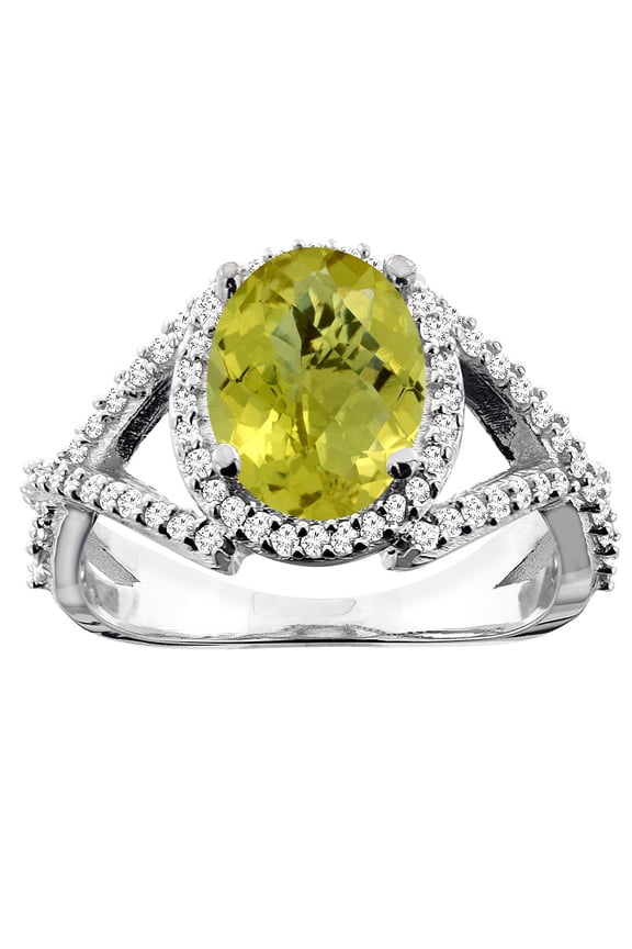 10K White Gold Natural Lemon Quartz Ring Oval 10x8mm Diamond Accent, size 6.5