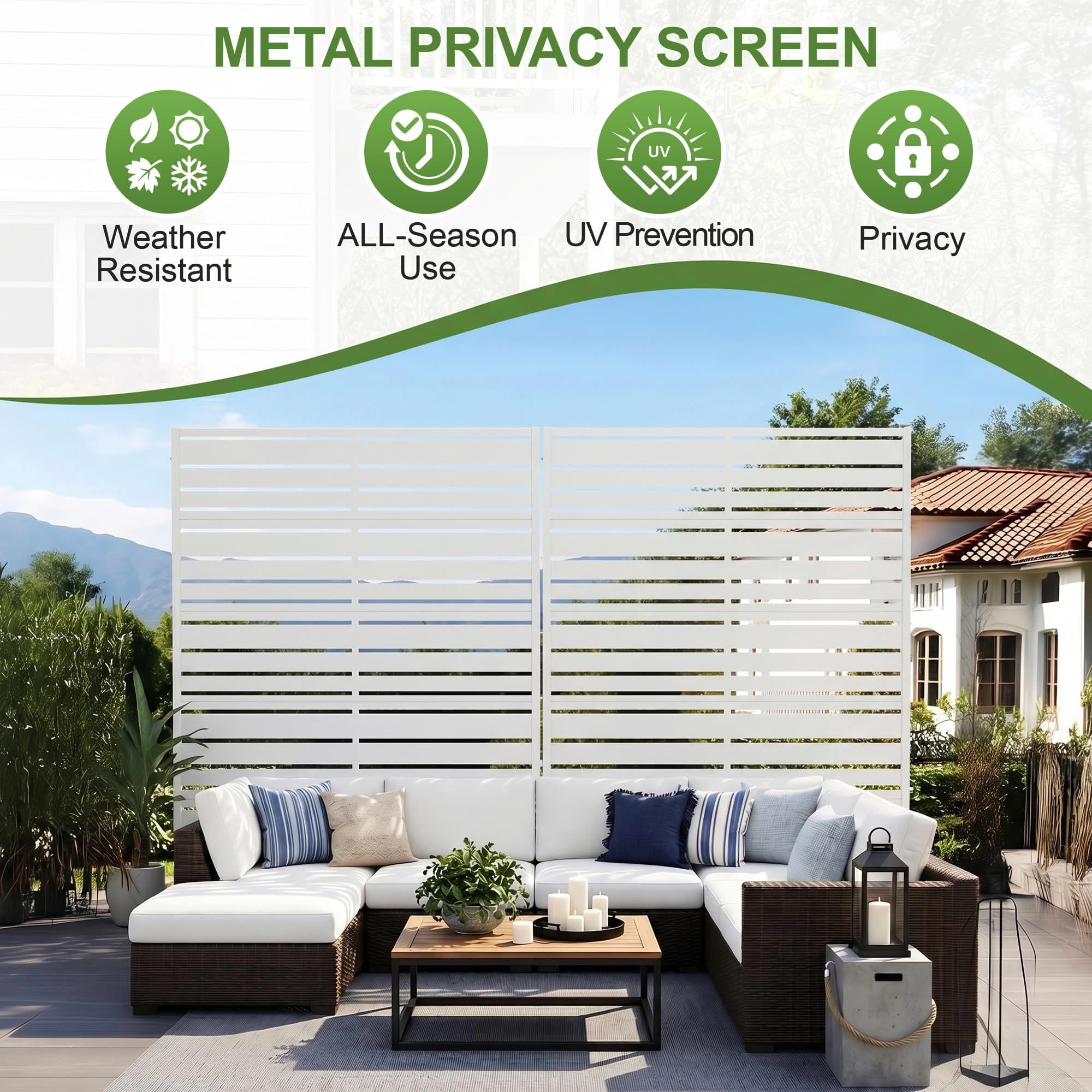 MAYEERTY 2-Piece 72"x47" Privacy Screen, White 6-Panel Galvanized Steel Louvered Fence, Wide-1 Narrow-2 Style, Freestanding for Patio Backyard