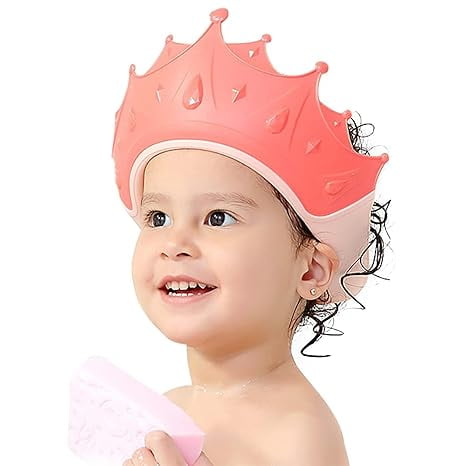 TELOLY Baby Shower Cap for Kids,Adjustable Toddler Hair Washing Shield Bathing Cap Baby Shower Visor Shampoo Cap(Crown,Pink)