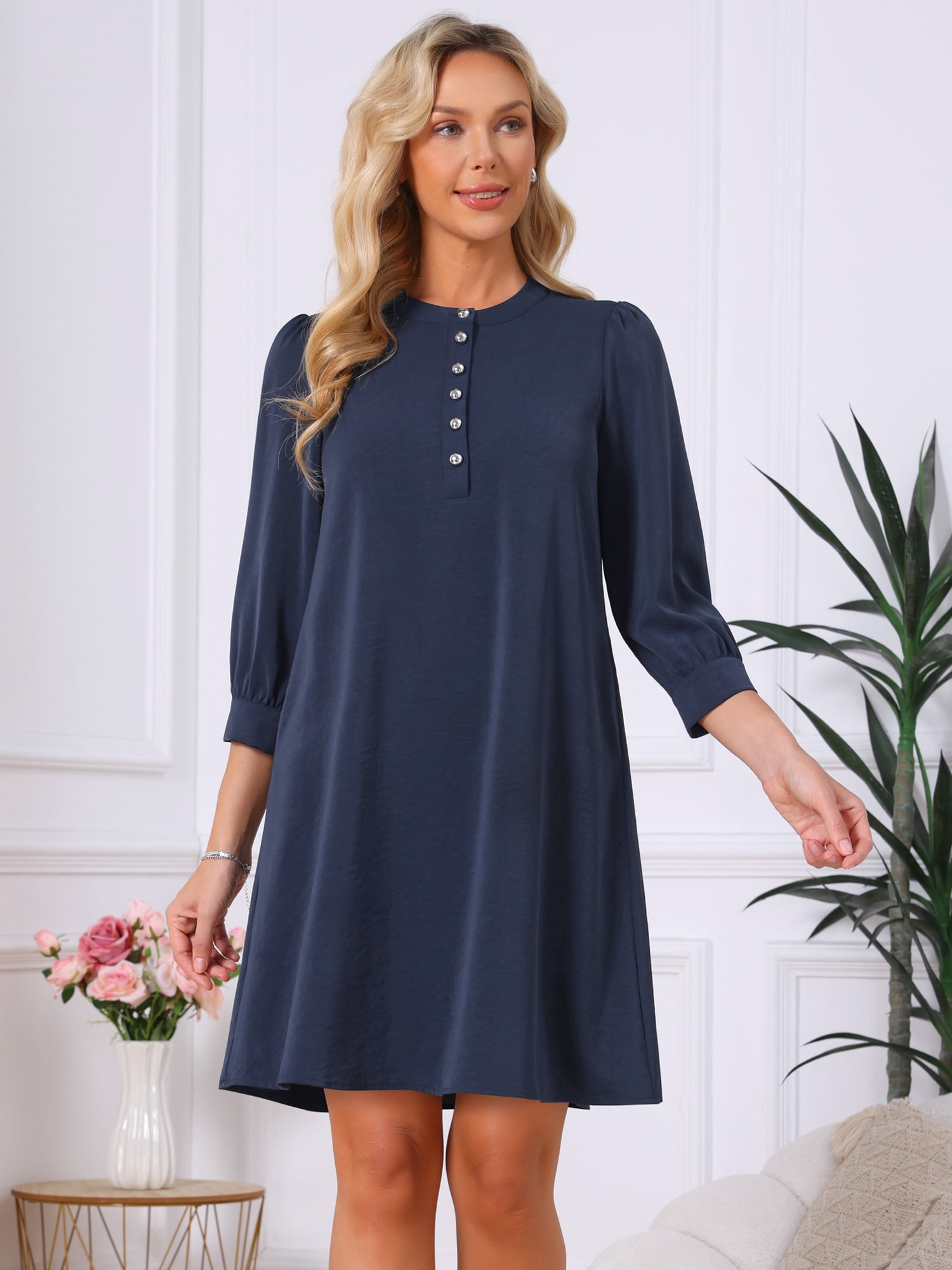DARING DIVA Women's 3/4 Puff Sleeve Mini Button Crewneck Shift Dress M Dark Blue