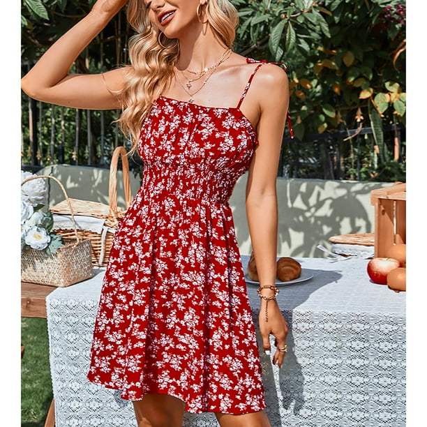 Vestido De Tirantes Finos, Estilo Línea A, Vestido Fruncido, Correa  Ajustable Para El Hombro, Estampado Floral, Moda Para Citas