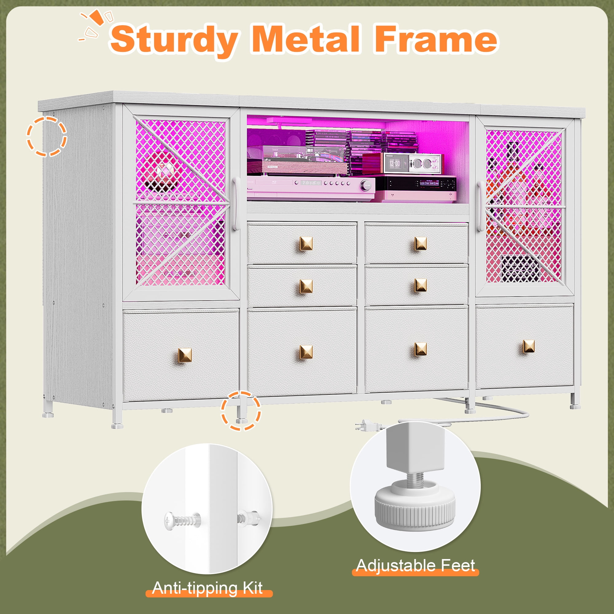 Romorgniz White Dresser for Bedroom with 8-Drawers,TV Stand for 60"TV with LED Lights & Power Outlets,Mesh Door