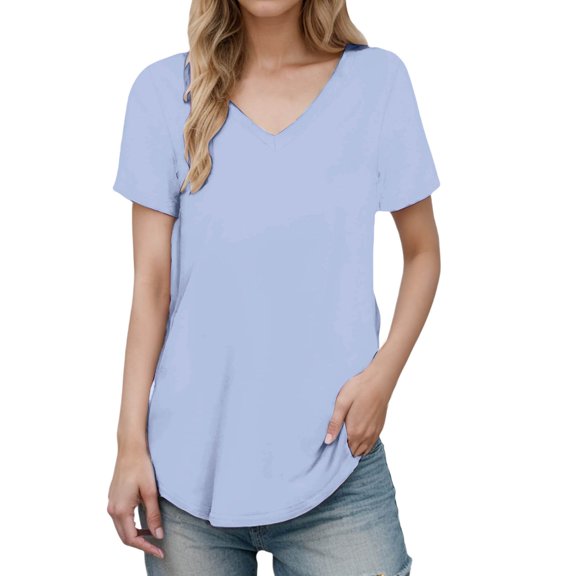 XIAOCHA Womens Solid V Neck T Shirt Short Sleeve Curved Hem Daily Basic Tops