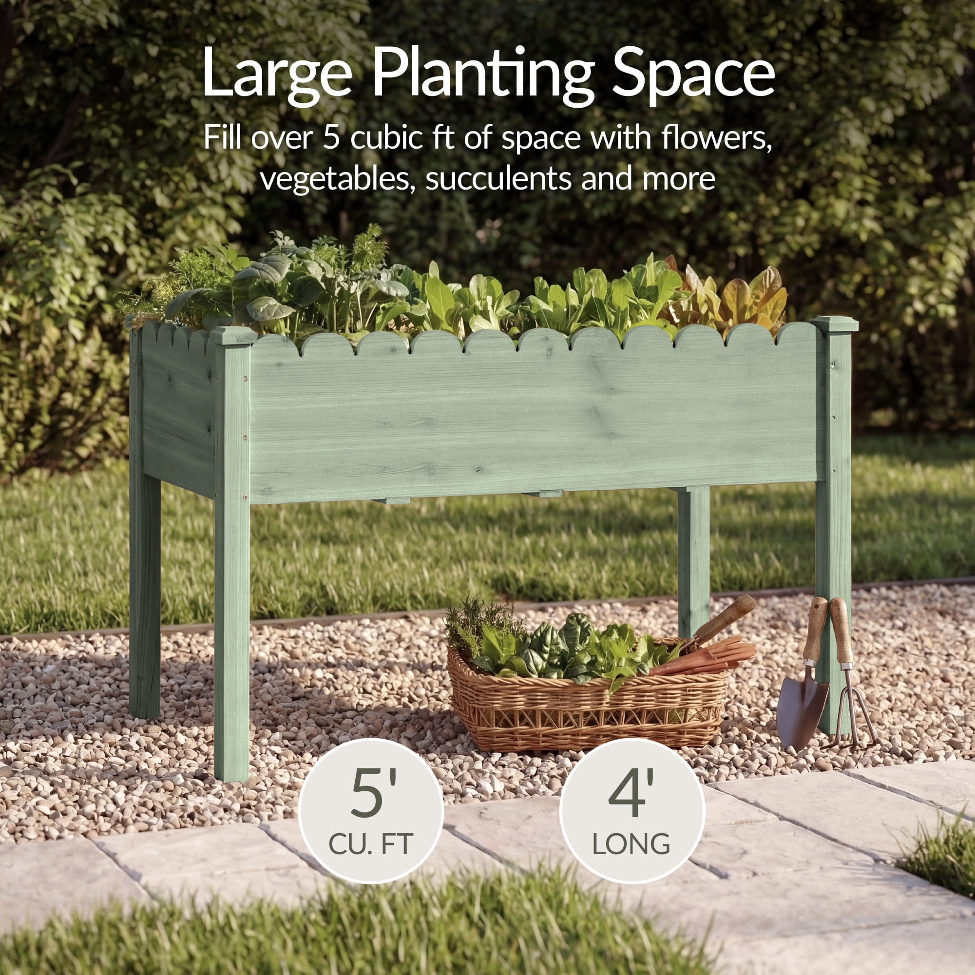 Best Choice Products 48x24x30in Raised Garden Bed, Scalloped Design, Elevated Wooden Planter for Yard - Sage