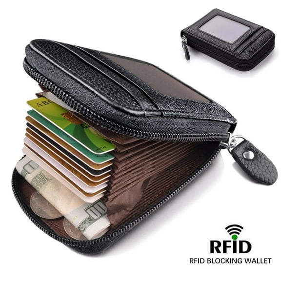 Unisex Leather Credit Card Holder RFID-Blocking Zipper Pocket Wallet