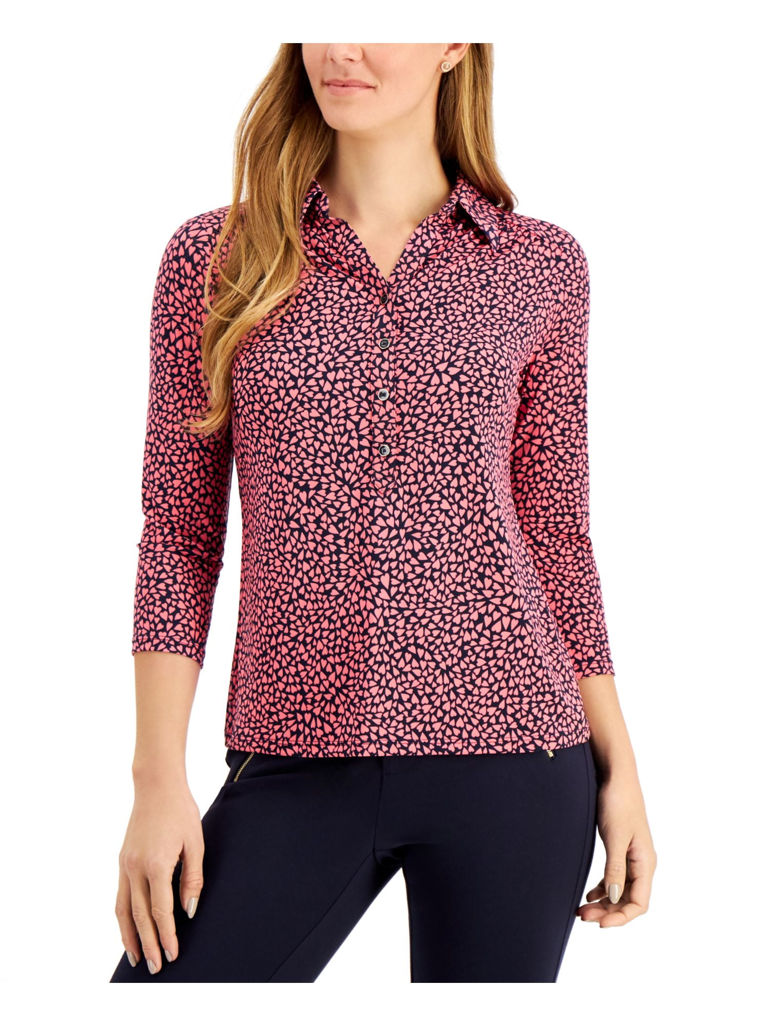 CHARTER CLUB Womens Pink 3/4 Sleeve Collared Blouse Petites Size: PS ...