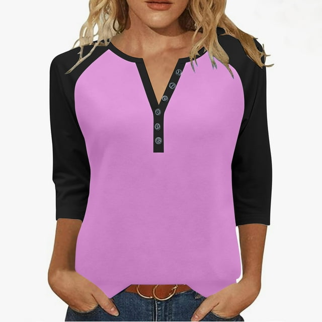 Timegard 3/4 Length Sleeve Womens Tops Button Notched V Neck Drop Shoulder Blouse Color Block Tops